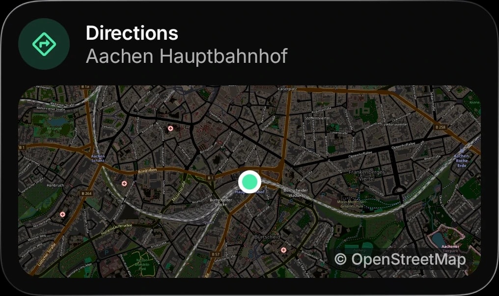 Pop-up: directions to Aachen Hauptbahnhof, with a map
