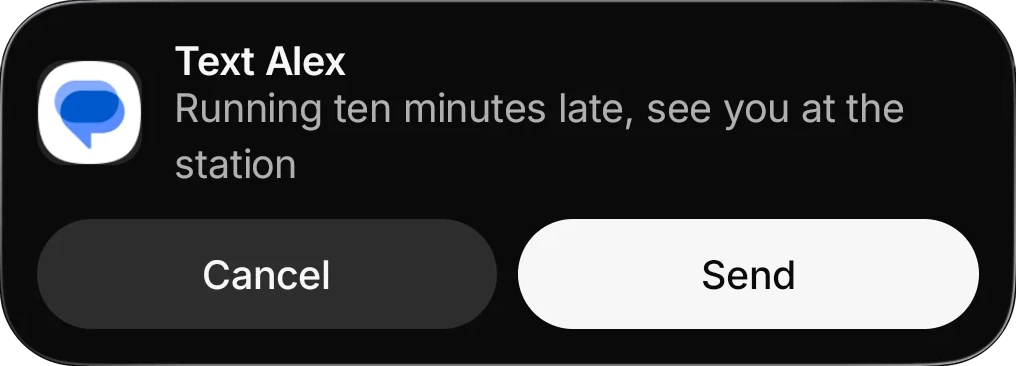 Pop-up: a text to Alex waits for Send or Cancel